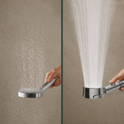 Ordinary shower spray compared with ILMARA S1 focused micro-nozzle spray pattern