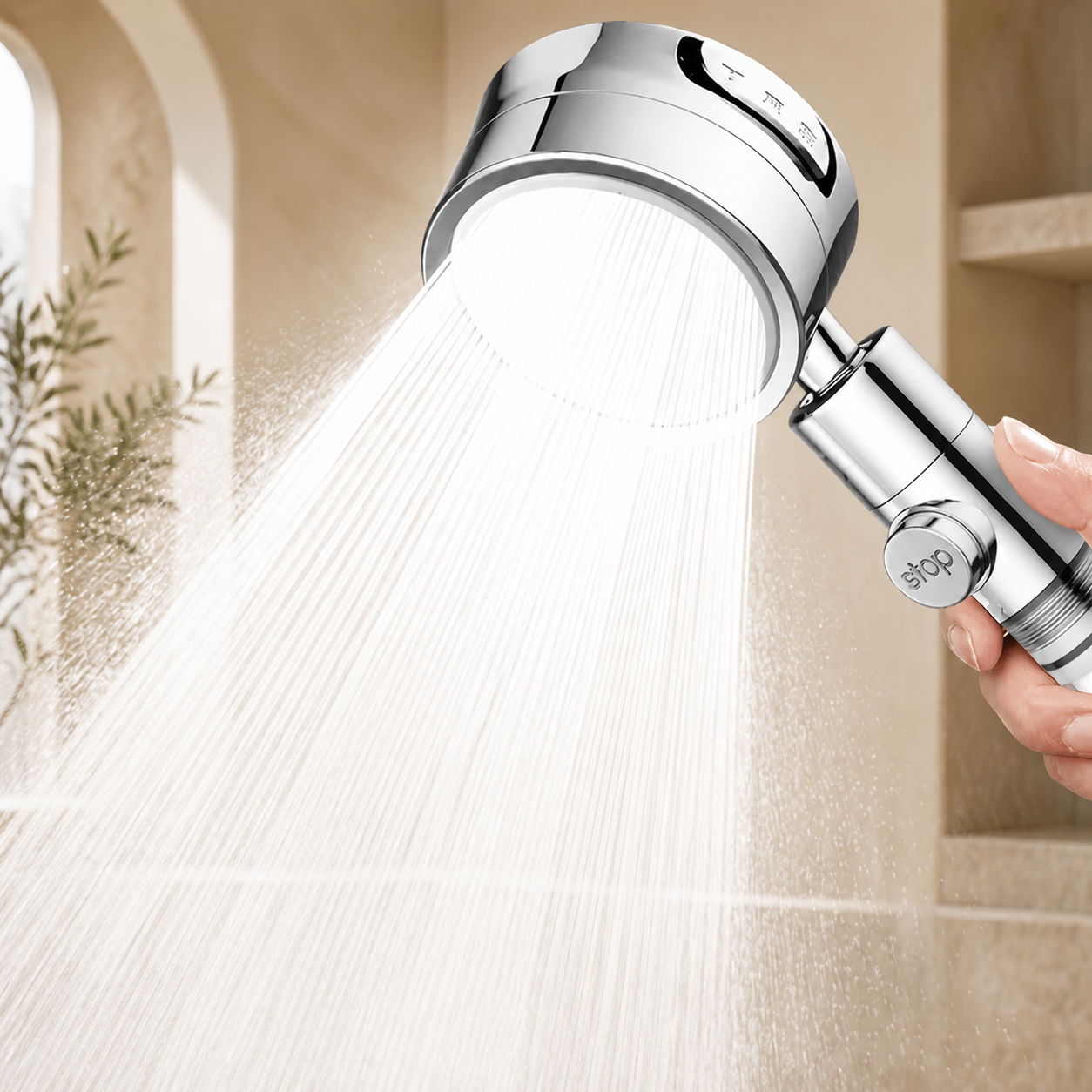 Silver ILMARA S1 producing a focused micro-nozzle shower spray
