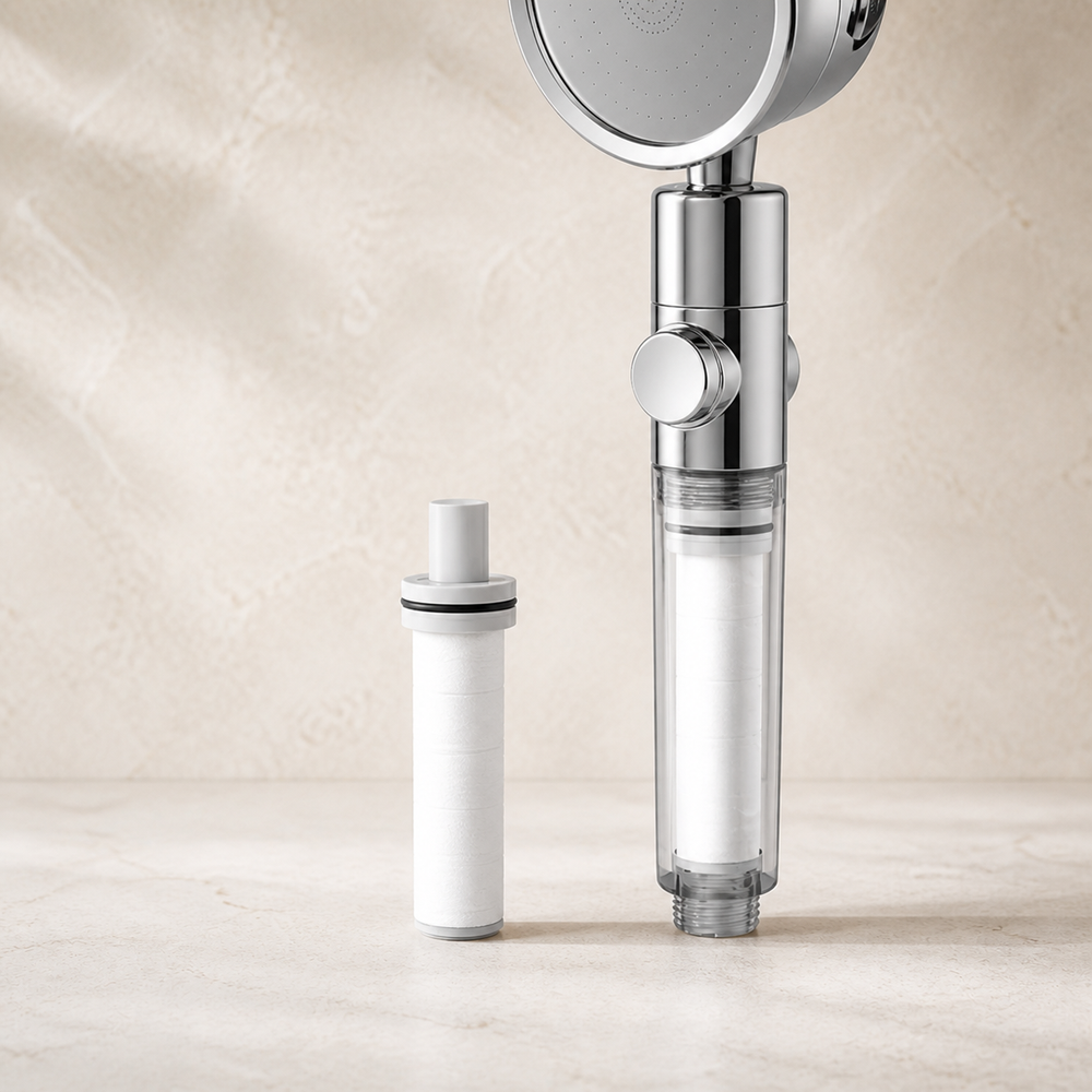 One ILMARA S1 replacement filter cartridge beside the Silver showerhead