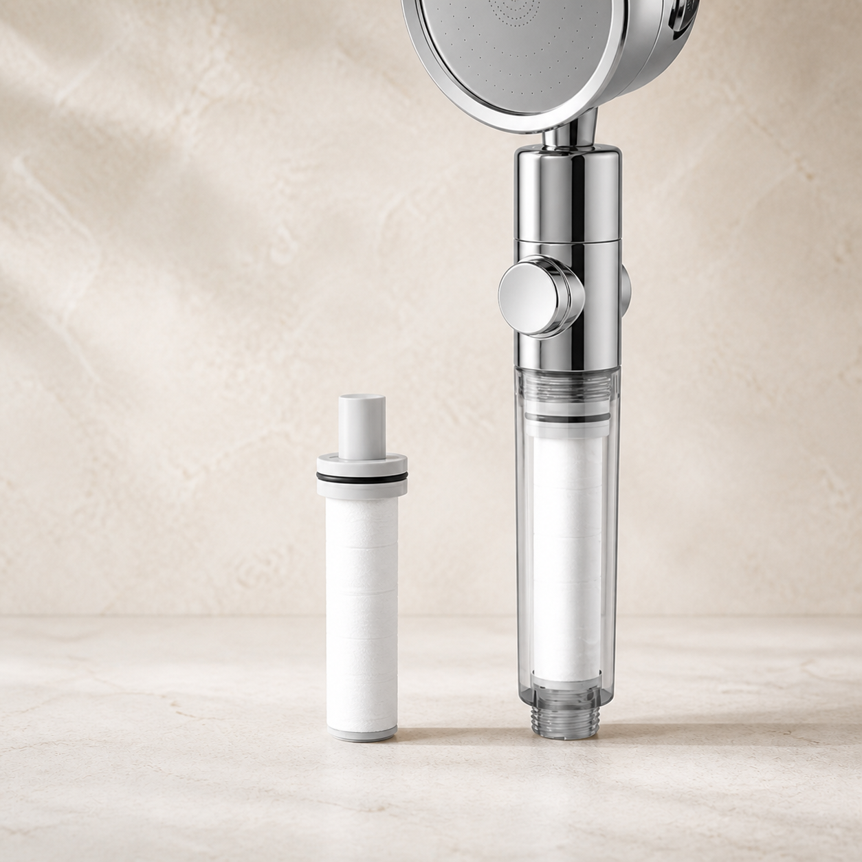 One ILMARA S1 replacement filter cartridge beside the Silver showerhead