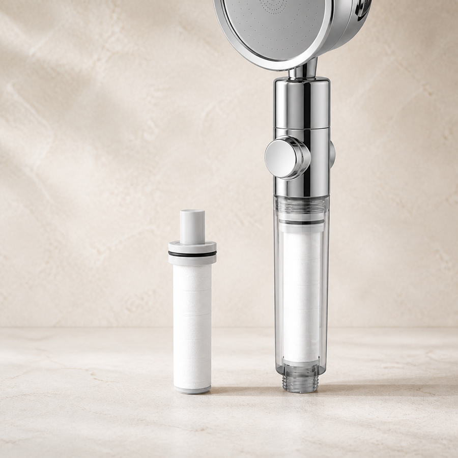 One ILMARA S1 replacement filter cartridge beside the Silver showerhead
